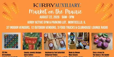 Kirby Auxiliary Market on the Prairie, Aug. 22 in Monticello, featuring vendors, food trucks, raffles, and free entry.