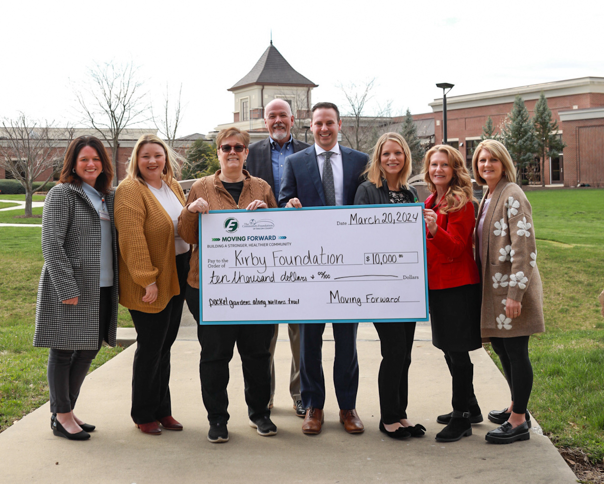 Pictured: Sarah Ross, Director of Development, Kirby Foundation; Chasity Casey, HICF Director of Finance; Veronica Seevers, Vice Chair, Kirby Foundation; Steve Tenhouse, Chief Executive Officer, Kirby Medical Center and Secretary, Kirby Foundation; Rory Wright, Treasurer, Kirby Foundation; Jessica Niles, Mortgage Loan Officer, Decatur Earthmover Credit Union;  Cristin Wright, HICF Philanthropic Advisor - Piatt County; Dana Adams, DECU Mortgage Loan Processor