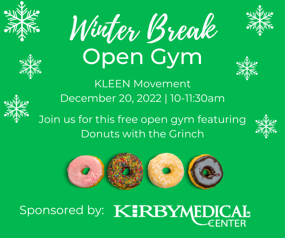 open gym at KLEEN Movement featuring donuts with the Grinch, donuts, event sponsored by Kirby Medical Center
